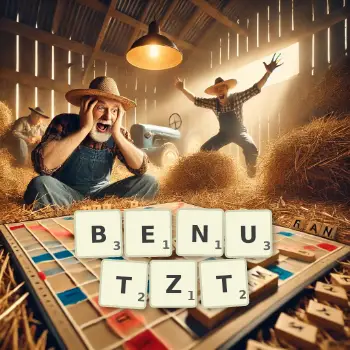 Kreative Illustration für ein Scrabble-Spiel, bei dem das Wort BENUTZT mit Steinen auf dem Brett gelegt wurde.