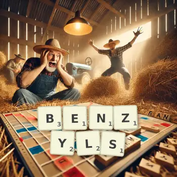 Kreative Illustration für ein Scrabble-Spiel, bei dem das Wort BENZYLS mit Steinen auf dem Brett gelegt wurde.