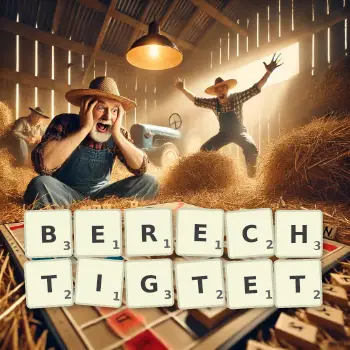 Kreative Illustration für ein Scrabble-Spiel, bei dem das Wort BERECHTIGTET mit Steinen auf dem Brett gelegt wurde.