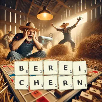 Kreative Illustration für ein Scrabble-Spiel, bei dem das Wort BEREICHERN mit Steinen auf dem Brett gelegt wurde.