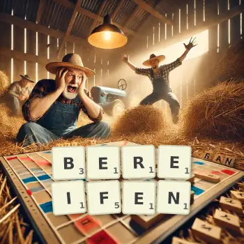 Kreative Illustration für ein Scrabble-Spiel, bei dem das Wort BEREIFEN mit Steinen auf dem Brett gelegt wurde.