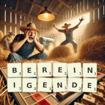 Kreative Illustration für ein Scrabble-Spiel, bei dem das Wort BEREINIGENDE mit Steinen auf dem Brett gelegt wurde.