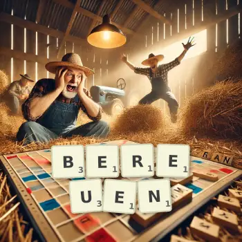 Kreative Illustration für ein Scrabble-Spiel, bei dem das Wort BEREUEN mit Steinen auf dem Brett gelegt wurde.