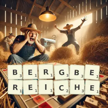 Kreative Illustration für ein Scrabble-Spiel, bei dem das Wort BERGBEREICHE mit Steinen auf dem Brett gelegt wurde.