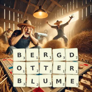 Kreative Illustration für ein Scrabble-Spiel, bei dem das Wort BERGDOTTERBLUME mit Steinen auf dem Brett gelegt wurde.