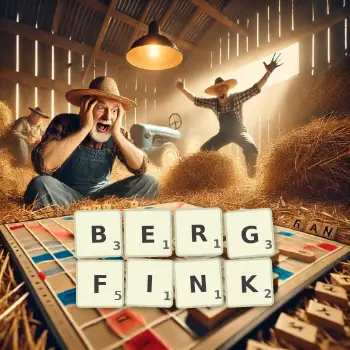 Kreative Illustration für ein Scrabble-Spiel, bei dem das Wort BERGFINK mit Steinen auf dem Brett gelegt wurde.