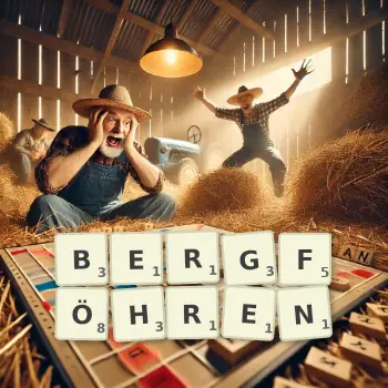 Kreative Illustration für ein Scrabble-Spiel, bei dem das Wort BERGFÖHREN mit Steinen auf dem Brett gelegt wurde.