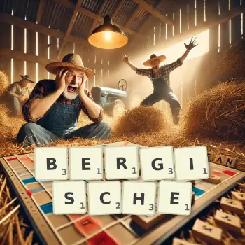 Kreative Illustration für ein Scrabble-Spiel, bei dem das Wort BERGISCHE mit Steinen auf dem Brett gelegt wurde.