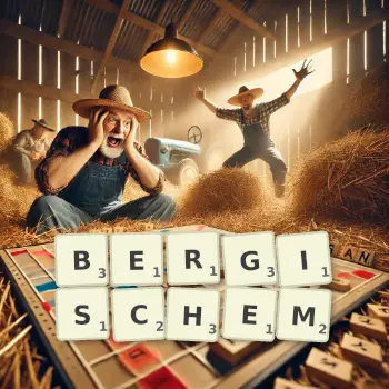 Kreative Illustration für ein Scrabble-Spiel, bei dem das Wort BERGISCHEM mit Steinen auf dem Brett gelegt wurde.