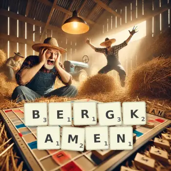 Kreative Illustration für ein Scrabble-Spiel, bei dem das Wort BERGKAMEN mit Steinen auf dem Brett gelegt wurde.
