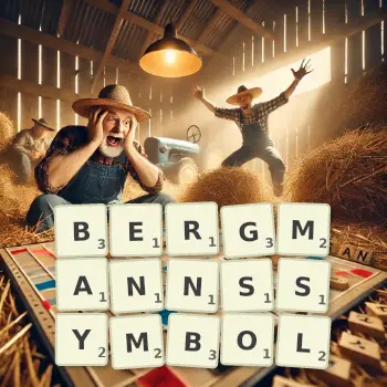 Kreative Illustration für ein Scrabble-Spiel, bei dem das Wort BERGMANNSSYMBOL mit Steinen auf dem Brett gelegt wurde.