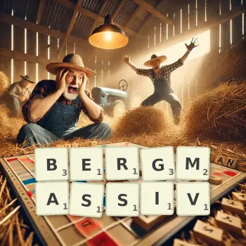 Kreative Illustration für ein Scrabble-Spiel, bei dem das Wort BERGMASSIV mit Steinen auf dem Brett gelegt wurde.