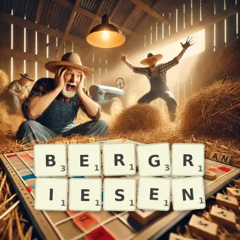 Kreative Illustration für ein Scrabble-Spiel, bei dem das Wort BERGRIESEN mit Steinen auf dem Brett gelegt wurde.