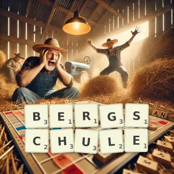 Kreative Illustration für ein Scrabble-Spiel, bei dem das Wort BERGSCHULE mit Steinen auf dem Brett gelegt wurde.