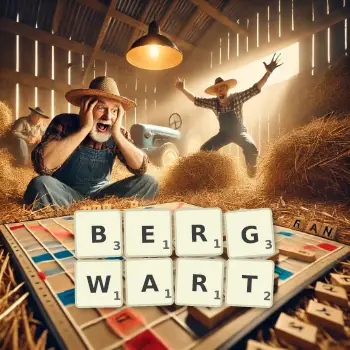 Kreative Illustration für ein Scrabble-Spiel, bei dem das Wort BERGWART mit Steinen auf dem Brett gelegt wurde.