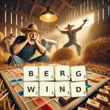 Kreative Illustration für ein Scrabble-Spiel, bei dem das Wort BERGWIND mit Steinen auf dem Brett gelegt wurde.