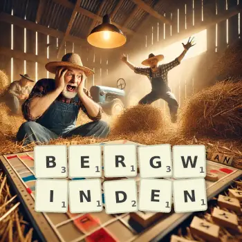 Kreative Illustration für ein Scrabble-Spiel, bei dem das Wort BERGWINDEN mit Steinen auf dem Brett gelegt wurde.