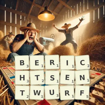 Kreative Illustration für ein Scrabble-Spiel, bei dem das Wort BERICHTSENTWURF mit Steinen auf dem Brett gelegt wurde.