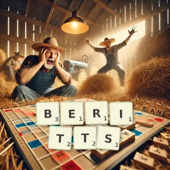 Kreative Illustration für ein Scrabble-Spiel, bei dem das Wort BERITTS mit Steinen auf dem Brett gelegt wurde.