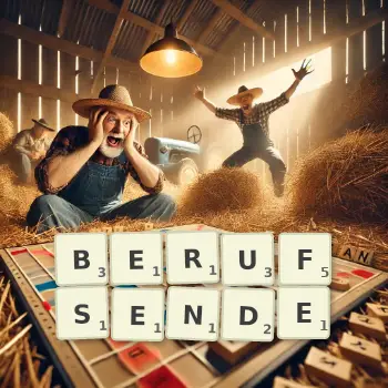 Kreative Illustration für ein Scrabble-Spiel, bei dem das Wort BERUFSENDE mit Steinen auf dem Brett gelegt wurde.