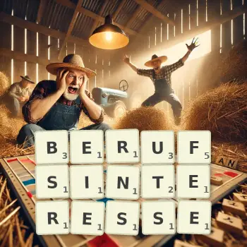 Kreative Illustration für ein Scrabble-Spiel, bei dem das Wort BERUFSINTERESSE mit Steinen auf dem Brett gelegt wurde.