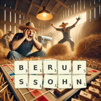 Kreative Illustration für ein Scrabble-Spiel, bei dem das Wort BERUFSSOHN mit Steinen auf dem Brett gelegt wurde.