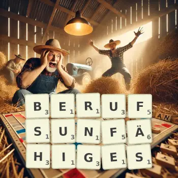 Kreative Illustration für ein Scrabble-Spiel, bei dem das Wort BERUFSUNFÄHIGES mit Steinen auf dem Brett gelegt wurde.