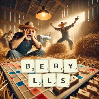 Kreative Illustration für ein Scrabble-Spiel, bei dem das Wort BERYLLS mit Steinen auf dem Brett gelegt wurde.