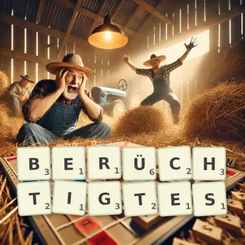 Kreative Illustration für ein Scrabble-Spiel, bei dem das Wort BERÜCHTIGTES mit Steinen auf dem Brett gelegt wurde.