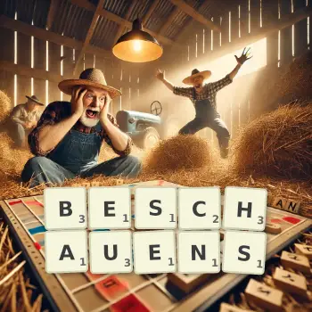 Kreative Illustration für ein Scrabble-Spiel, bei dem das Wort BESCHAUENS mit Steinen auf dem Brett gelegt wurde.