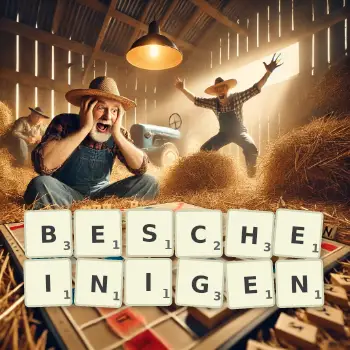 Kreative Illustration für ein Scrabble-Spiel, bei dem das Wort BESCHEINIGEN mit Steinen auf dem Brett gelegt wurde.
