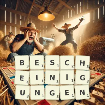 Kreative Illustration für ein Scrabble-Spiel, bei dem das Wort BESCHEINIGUNGEN mit Steinen auf dem Brett gelegt wurde.