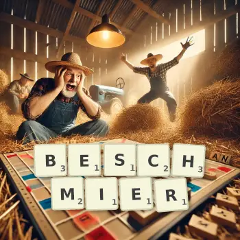 Kreative Illustration für ein Scrabble-Spiel, bei dem das Wort BESCHMIER mit Steinen auf dem Brett gelegt wurde.