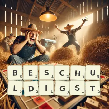Kreative Illustration für ein Scrabble-Spiel, bei dem das Wort BESCHULDIGST mit Steinen auf dem Brett gelegt wurde.