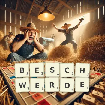 Kreative Illustration für ein Scrabble-Spiel, bei dem das Wort BESCHWERDE mit Steinen auf dem Brett gelegt wurde.