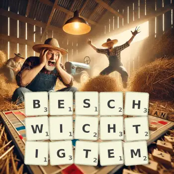 Kreative Illustration für ein Scrabble-Spiel, bei dem das Wort BESCHWICHTIGTEM mit Steinen auf dem Brett gelegt wurde.