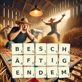 Kreative Illustration für ein Scrabble-Spiel, bei dem das Wort BESCHÄFTIGENDEM mit Steinen auf dem Brett gelegt wurde.
