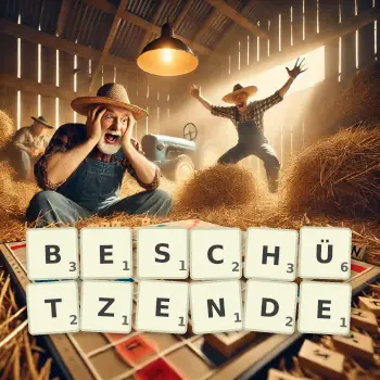 Kreative Illustration für ein Scrabble-Spiel, bei dem das Wort BESCHÜTZENDE mit Steinen auf dem Brett gelegt wurde.
