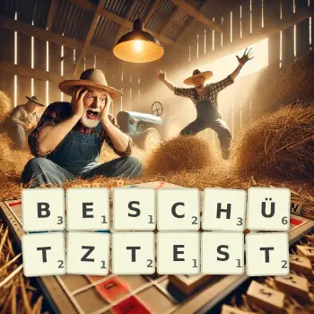 Kreative Illustration für ein Scrabble-Spiel, bei dem das Wort BESCHÜTZTEST mit Steinen auf dem Brett gelegt wurde.