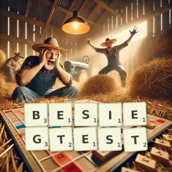 Kreative Illustration für ein Scrabble-Spiel, bei dem das Wort BESIEGTEST mit Steinen auf dem Brett gelegt wurde.