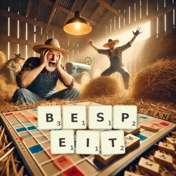 Kreative Illustration für ein Scrabble-Spiel, bei dem das Wort BESPEIT mit Steinen auf dem Brett gelegt wurde.