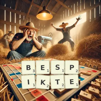 Kreative Illustration für ein Scrabble-Spiel, bei dem das Wort BESPIKTE mit Steinen auf dem Brett gelegt wurde.