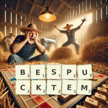 Kreative Illustration für ein Scrabble-Spiel, bei dem das Wort BESPUCKTEM mit Steinen auf dem Brett gelegt wurde.
