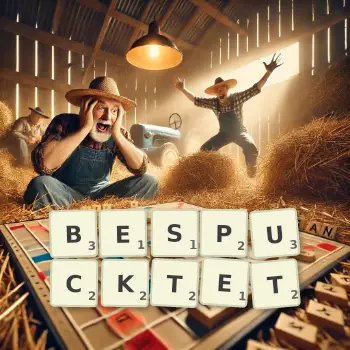 Kreative Illustration für ein Scrabble-Spiel, bei dem das Wort BESPUCKTET mit Steinen auf dem Brett gelegt wurde.