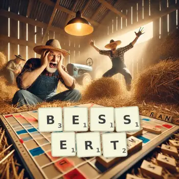 Kreative Illustration für ein Scrabble-Spiel, bei dem das Wort BESSERT mit Steinen auf dem Brett gelegt wurde.