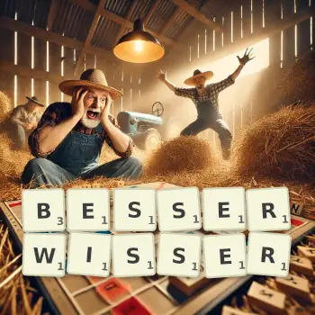 Kreative Illustration für ein Scrabble-Spiel, bei dem das Wort BESSERWISSER mit Steinen auf dem Brett gelegt wurde.
