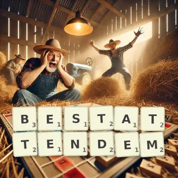 Kreative Illustration für ein Scrabble-Spiel, bei dem das Wort BESTATTENDEM mit Steinen auf dem Brett gelegt wurde.