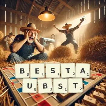 Kreative Illustration für ein Scrabble-Spiel, bei dem das Wort BESTAUBST mit Steinen auf dem Brett gelegt wurde.