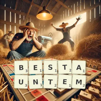 Kreative Illustration für ein Scrabble-Spiel, bei dem das Wort BESTAUNTEM mit Steinen auf dem Brett gelegt wurde.