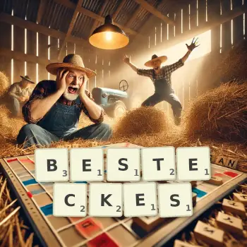 Kreative Illustration für ein Scrabble-Spiel, bei dem das Wort BESTECKES mit Steinen auf dem Brett gelegt wurde.